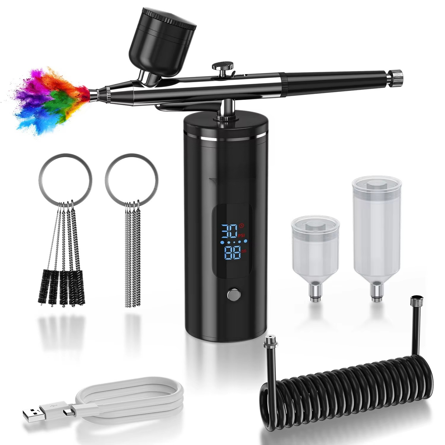 Airbrush Compressor Kit - ชุดแอร์บรัชไร้สายแบบชาร์จได้พร้อมคอมเพรสเซอร์ ปืนพ่นสีแบบพกพาสำหรับแต่งหน้า อบขนม ทำเล็บ ลายสัก และเพ้นท์โมเดล
